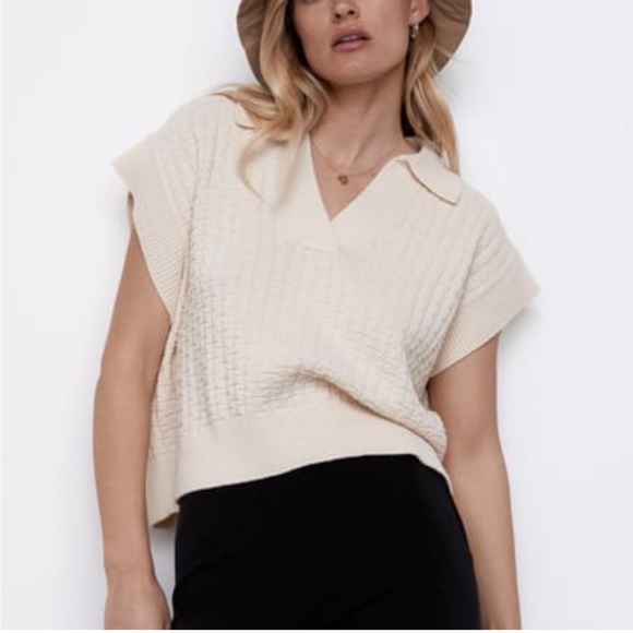 Zara Tops - Zara Knit Polo Collared Vest Ecru Small Boxy Fit